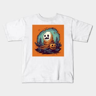 halloween design for kids, orange background, scary ghost with pumpkin Kids T-Shirt